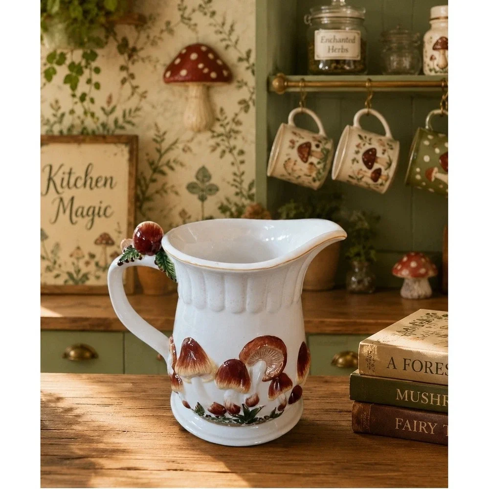 Vintage KK White Ceramic‎ Pitcher Creamer Mushroom Woodland Farmhouse Kitchen